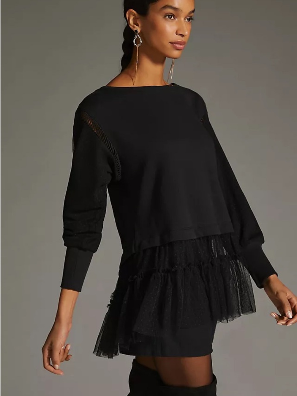 Anthropologie Black Layered Tulle Hem Pullover